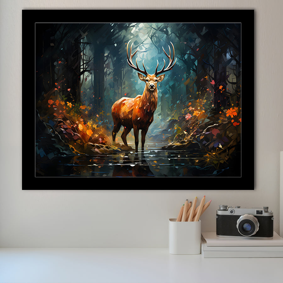 Deer Stag Head Oil Painting In The Forest V2 Framed Art Prints Wall Decor, Painting Art, Framed Picture