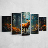 Deer Stag Head Oil Painting In The Forest V2 5 Panels Canvas Prints Wall Art Home Decor, Large Mixed Canvas