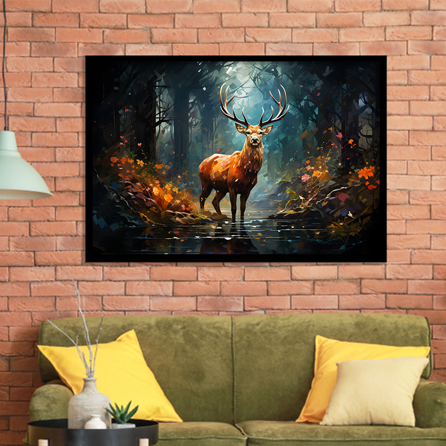 Deer Stag Head Oil Painting In The Forest V2 Framed Art Prints Wall Decor, Painting Art, Framed Picture