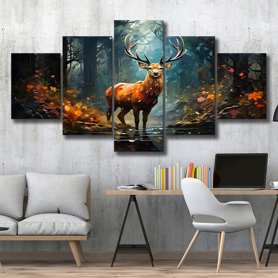 Deer Stag Head Oil Painting In The Forest V2 5 Panels Canvas Prints Wall Art Home Decor, Large Mixed Canvas