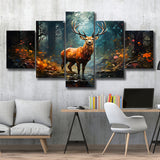 Deer Stag Head Oil Painting In The Forest V2 5 Panels Canvas Prints Wall Art Home Decor, Large Mixed Canvas