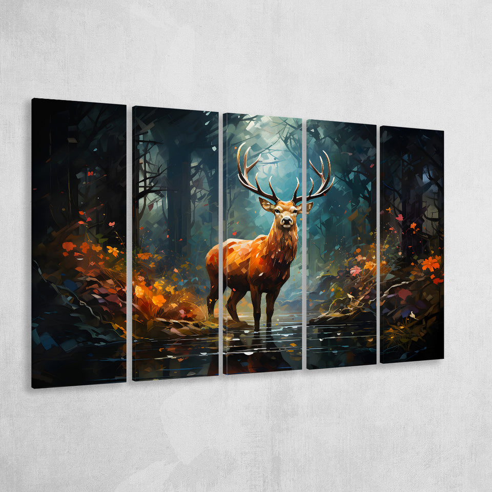 Deer Stag Head Oil Painting In The Forest V2 5 Panels B Canvas Prints Wall Art Home Decor, Extra Large Canvas