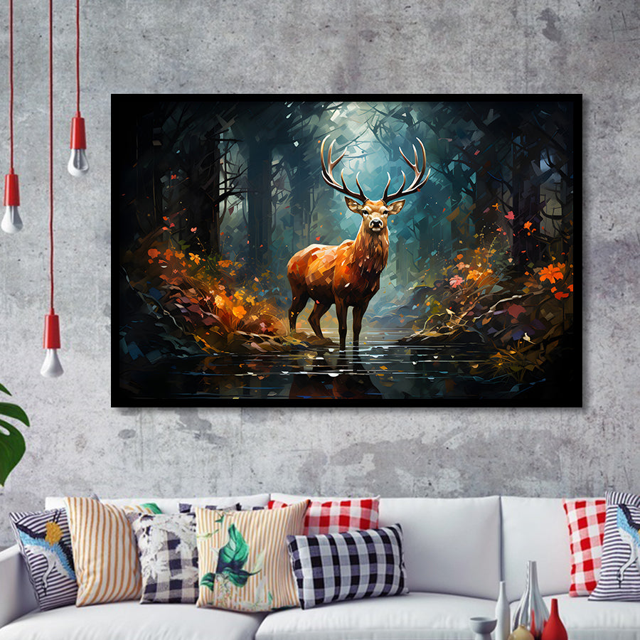 Deer Stag Head Oil Painting In The Forest V2 Framed Art Prints Wall Decor, Painting Art, Framed Picture
