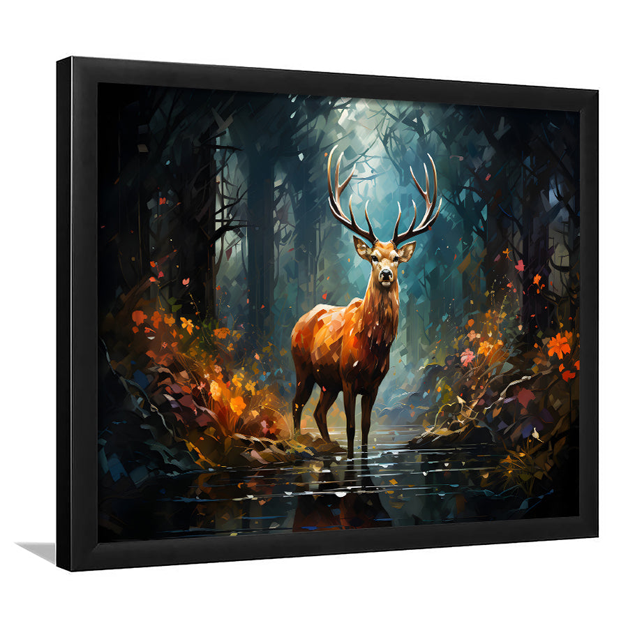 Deer Stag Head Oil Painting In The Forest V2 Framed Art Prints Wall Decor, Painting Art, Framed Picture
