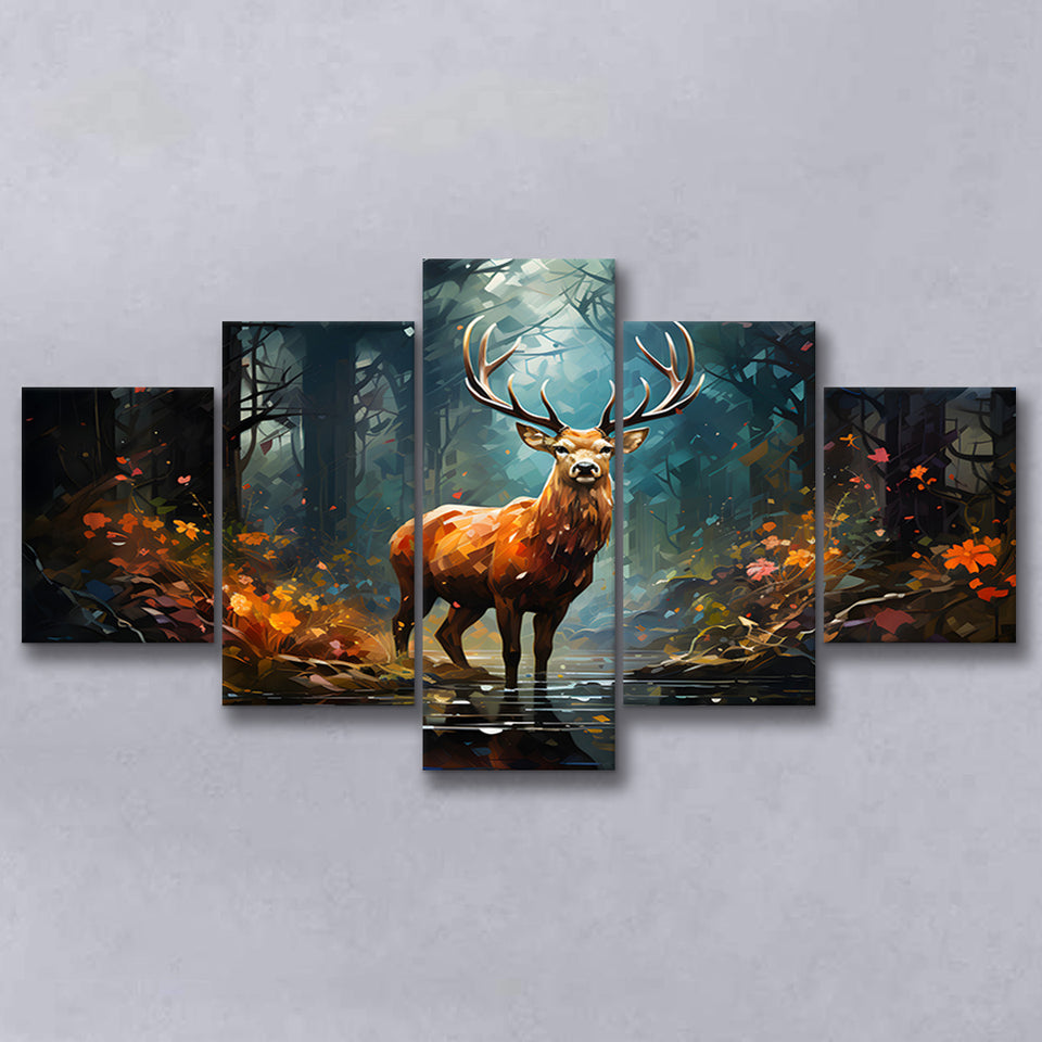 Deer Stag Head Oil Painting In The Forest V2 5 Panels Canvas Prints Wall Art Home Decor, Large Mixed Canvas