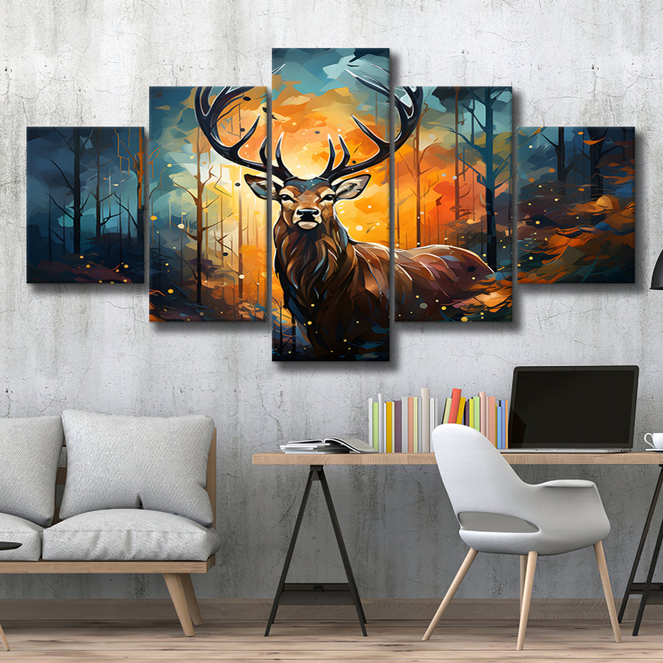 Deer Stag Head Oil Painting In The Forest V3 5 Panels Canvas Prints Wall Art Home Decor, Large Mixed Canvas