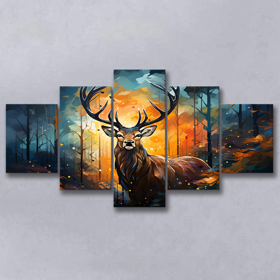 Deer Stag Head Oil Painting In The Forest V3 5 Panels Canvas Prints Wall Art Home Decor, Large Mixed Canvas