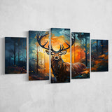 Deer Stag Head Oil Painting In The Forest V3 5 Panels Canvas Prints Wall Art Home Decor, Large Mixed Canvas