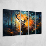 Deer Stag Head Oil Painting In The Forest V3 5 Panels B Canvas Prints Wall Art Home Decor, Extra Large Canvas