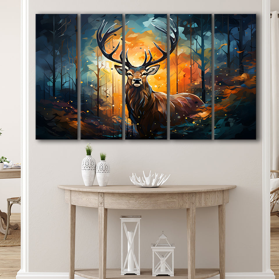 Deer Stag Head Oil Painting In The Forest V3 5 Panels B Canvas Prints Wall Art Home Decor, Extra Large Canvas