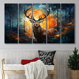 Deer Stag Head Oil Painting In The Forest V3 5 Panels B Canvas Prints Wall Art Home Decor, Extra Large Canvas