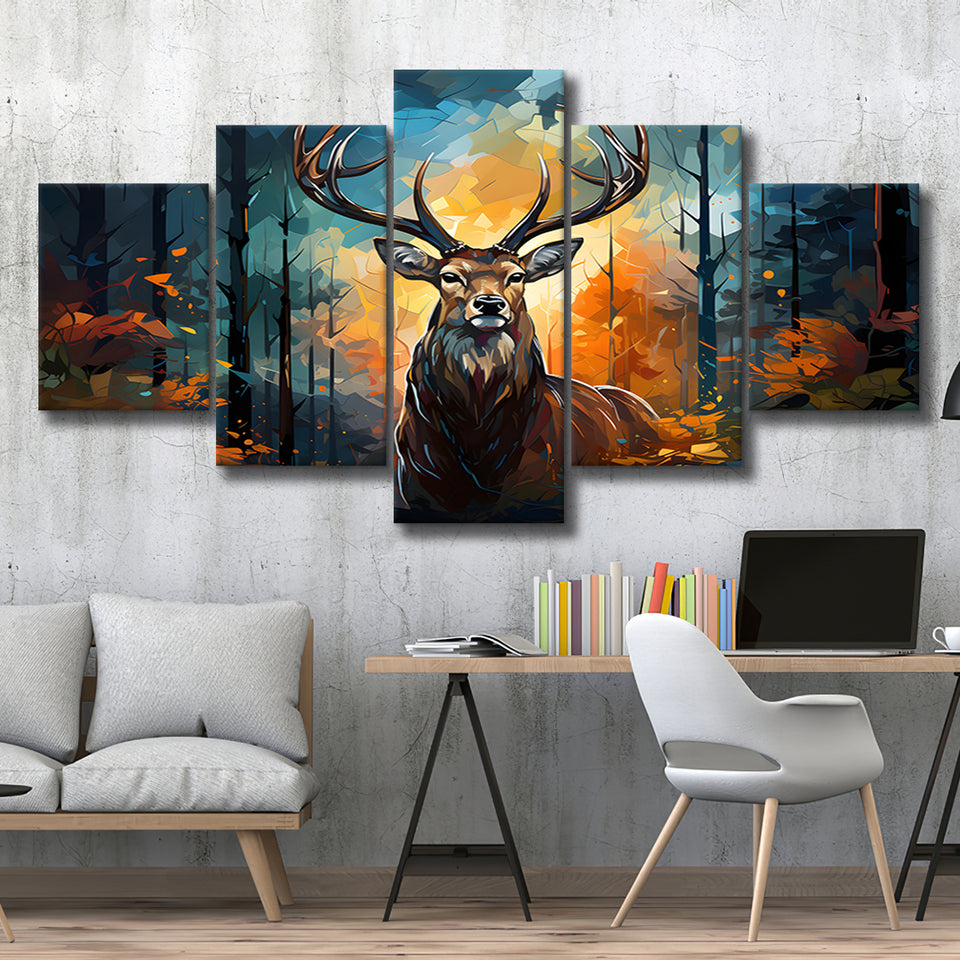 Deer Stag Head Oil Painting In The Forest V4 5 Panels Canvas Prints Wall Art Home Decor, Large Mixed Canvas