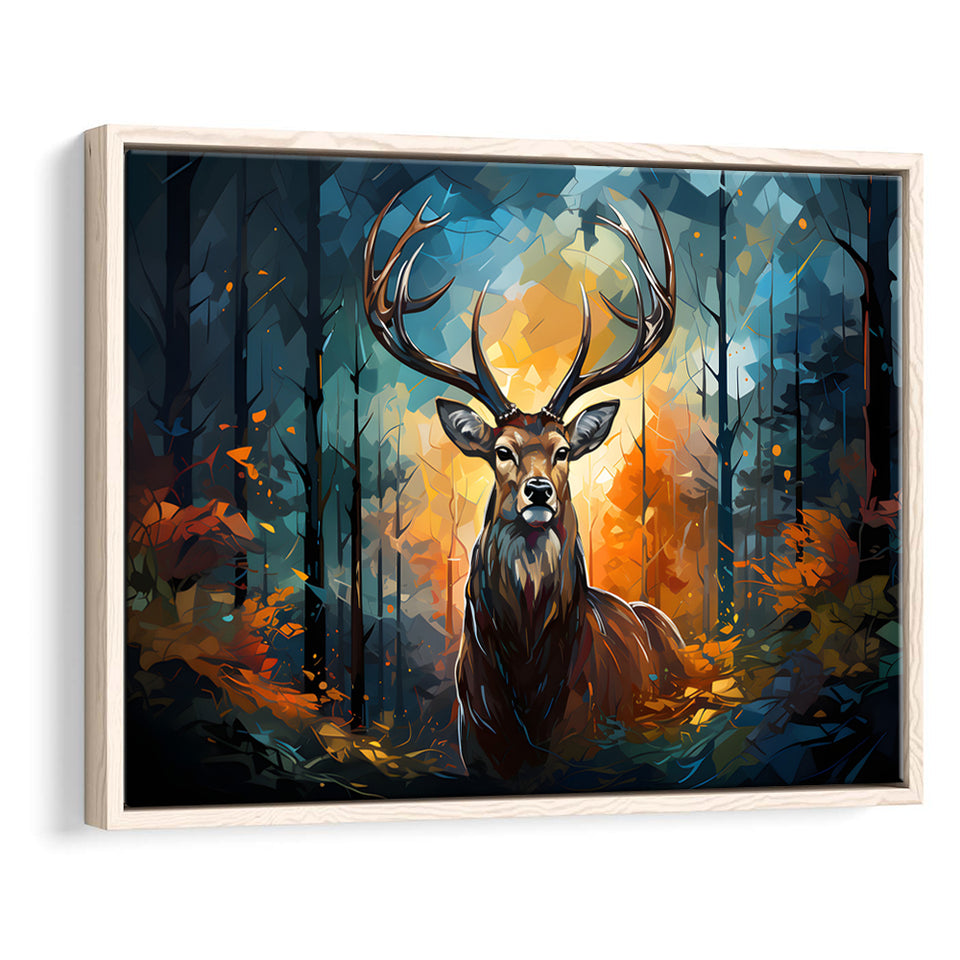 Deer Stag Head Oil Painting In The Forest V4 Framed Canvas Prints Wall Art Home Decor, Painting Canvas, Floating Frame
