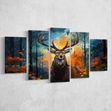 Deer Stag Head Oil Painting In The Forest V4 5 Panels Canvas Prints Wall Art Home Decor, Large Mixed Canvas