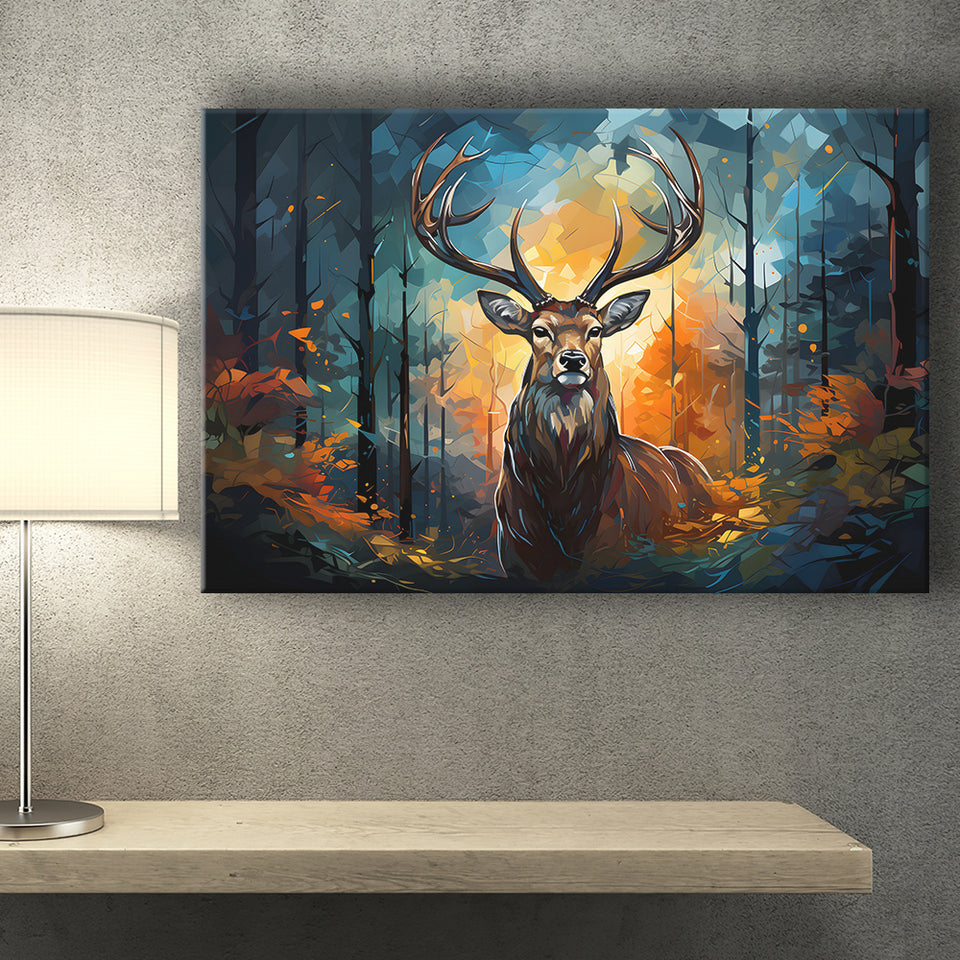 Deer Stag Head Oil Painting In The Forest V4 Canvas Prints Wall Art Home Decor, Painting Canvas, Living Room Wall Decor