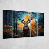 Deer Stag Head Oil Painting In The Forest V4 5 Panels B Canvas Prints Wall Art Home Decor, Extra Large Canvas