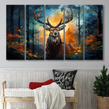 Deer Stag Head Oil Painting In The Forest V4 5 Panels B Canvas Prints Wall Art Home Decor, Extra Large Canvas