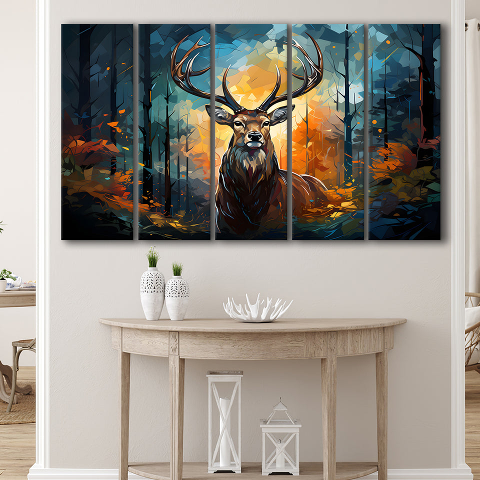 Deer Stag Head Oil Painting In The Forest V4 5 Panels B Canvas Prints Wall Art Home Decor, Extra Large Canvas