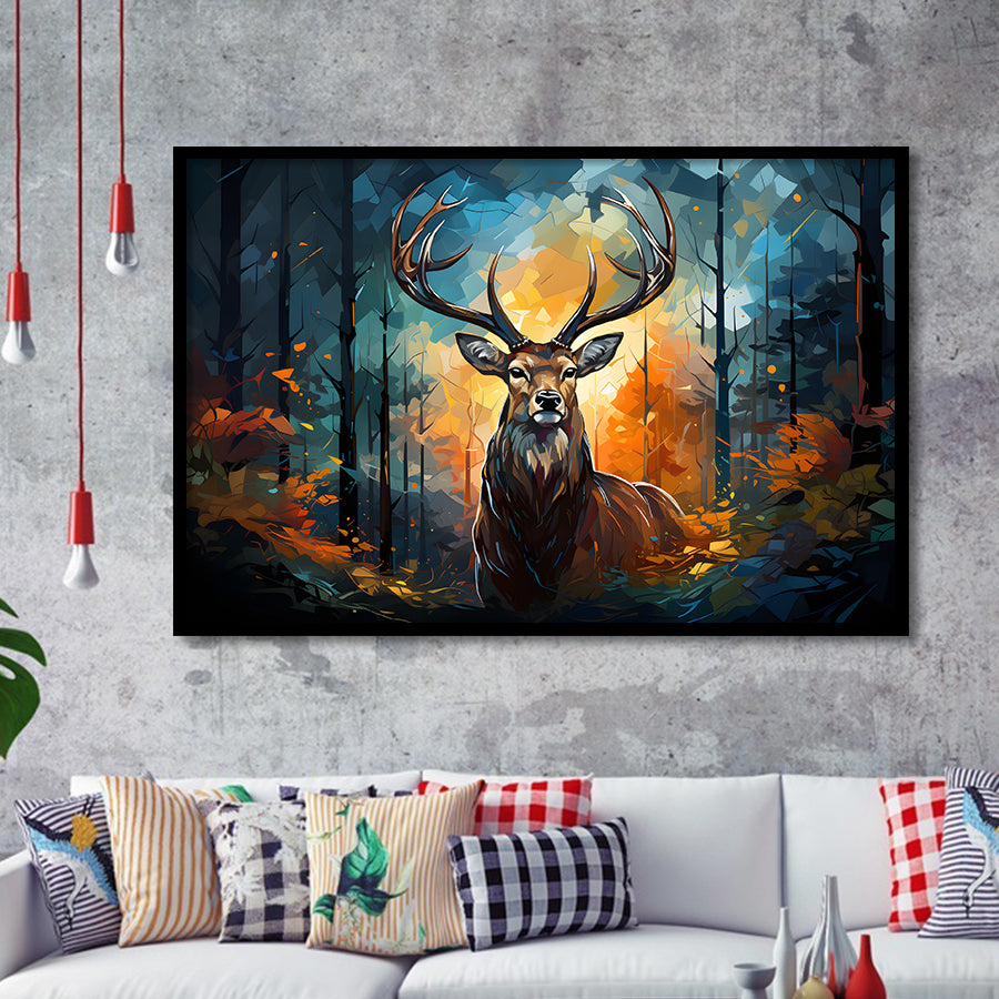 Deer Stag Head Oil Painting In The Forest V4 Framed Art Prints Wall Decor, Painting Art, Framed Picture