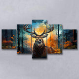 Deer Stag Head Oil Painting In The Forest V4 5 Panels Canvas Prints Wall Art Home Decor, Large Mixed Canvas