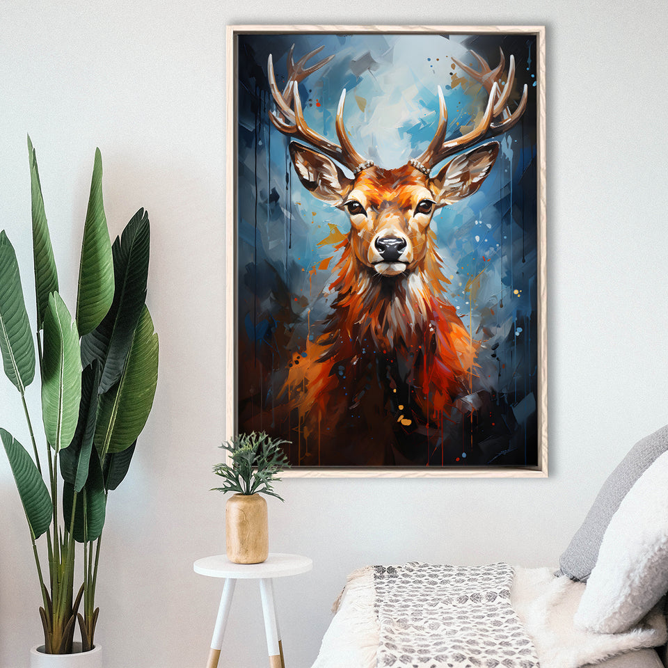 Deer Stag Head Portrait Painting V1 Framed Canvas Prints Wall Art Home Decor, Painting Canvas, Floating Frame