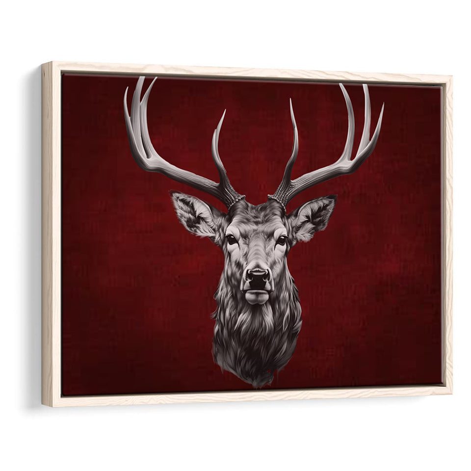 Deer Stag Head Red And Black Framed Canvas Prints Wall Art Home Decor, Painting Canvas, Floating Frame