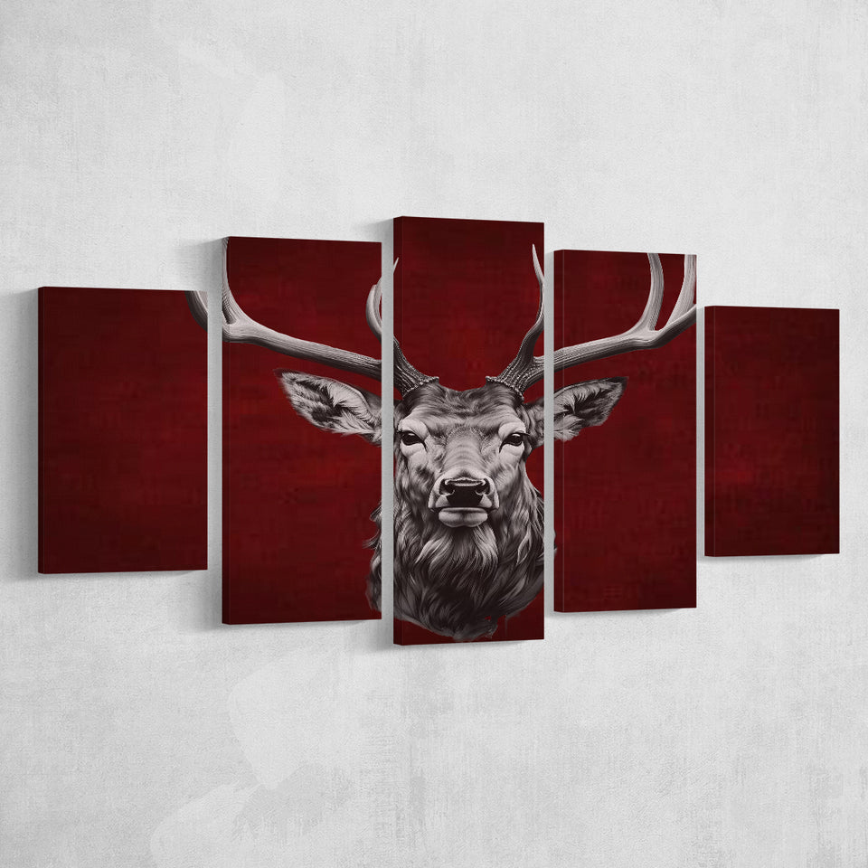 Deer Stag Head Red And Black 5 Panels Canvas Prints Wall Art Home Decor, Large Mixed Canvas