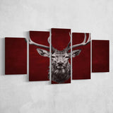 Deer Stag Head Red And Black 5 Panels Canvas Prints Wall Art Home Decor, Large Mixed Canvas