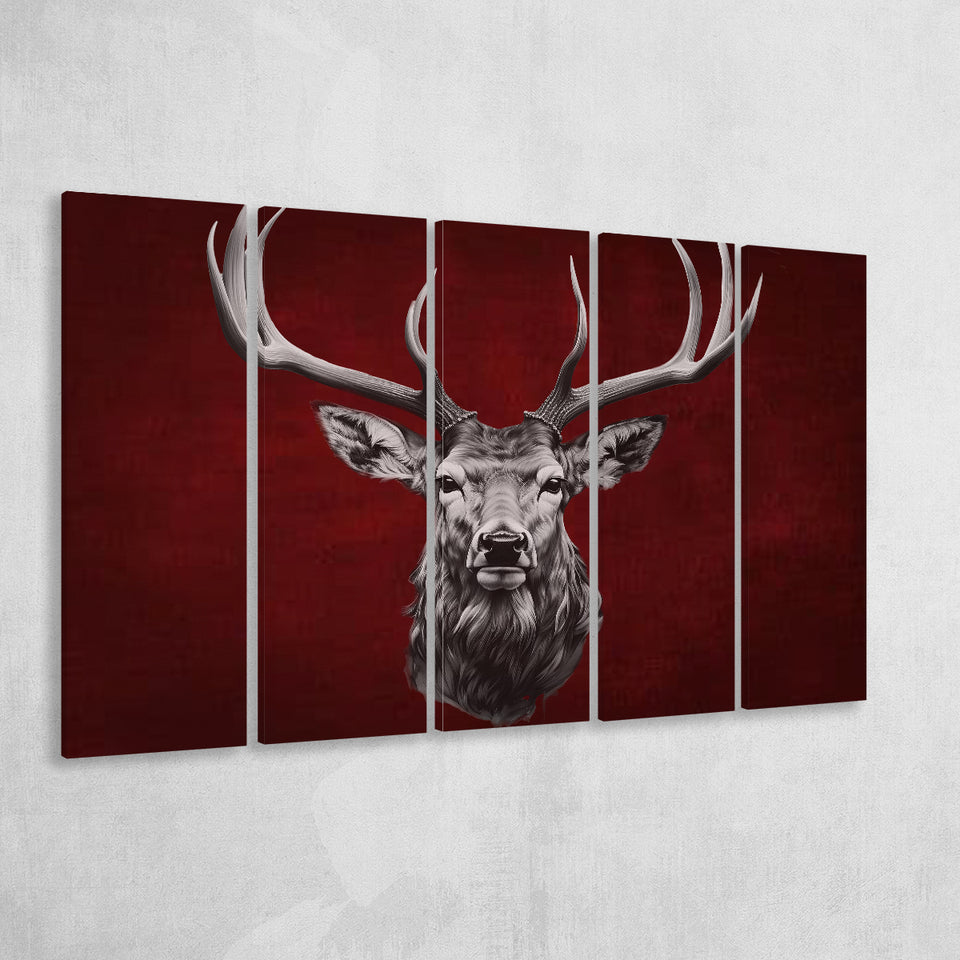 Deer Stag Head Red And Black 5 Panels B Canvas Prints Wall Art Home Decor, Extra Large Canvas