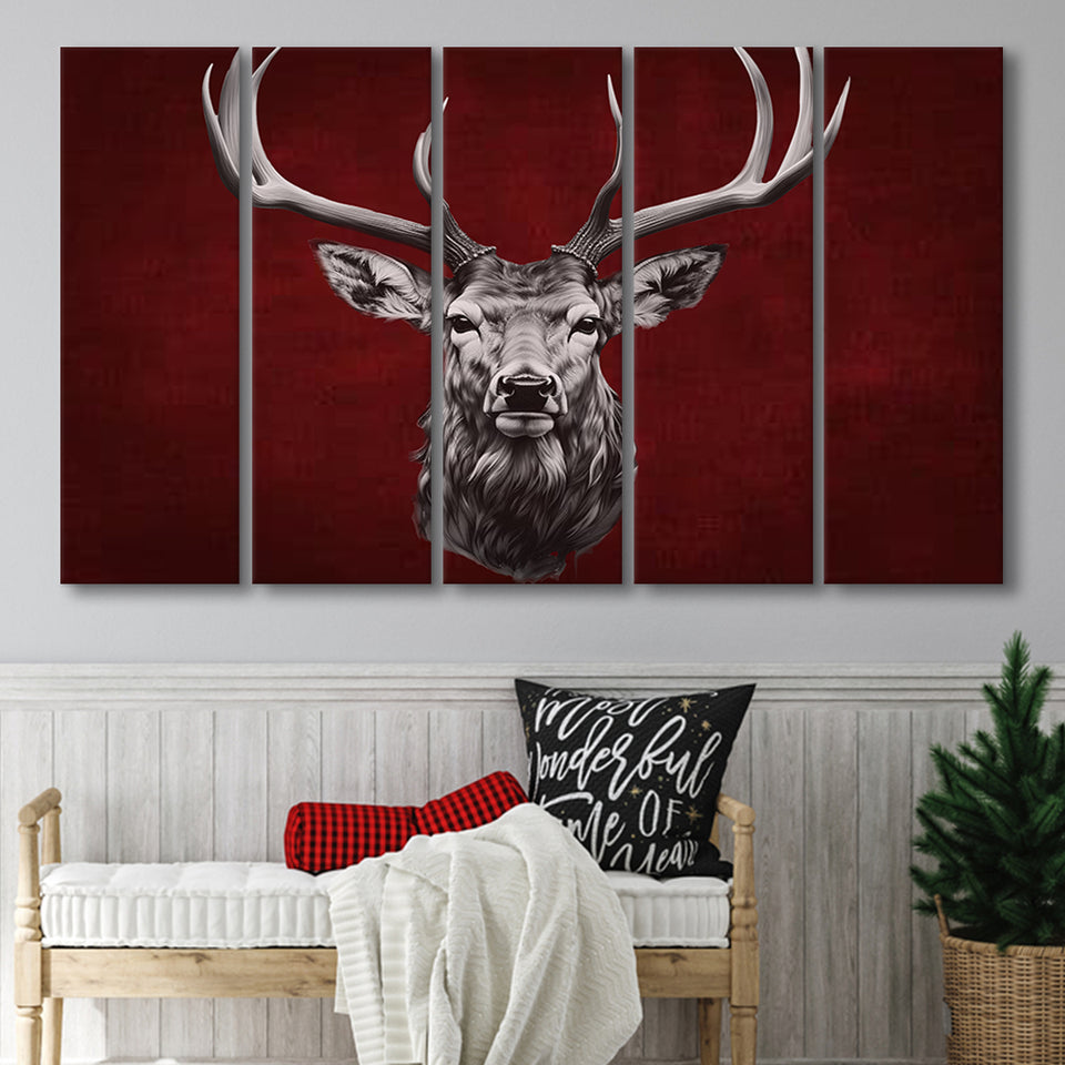 Deer Stag Head Red And Black 5 Panels B Canvas Prints Wall Art Home Decor, Extra Large Canvas