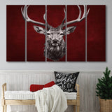 Deer Stag Head Red And Black 5 Panels B Canvas Prints Wall Art Home Decor, Extra Large Canvas
