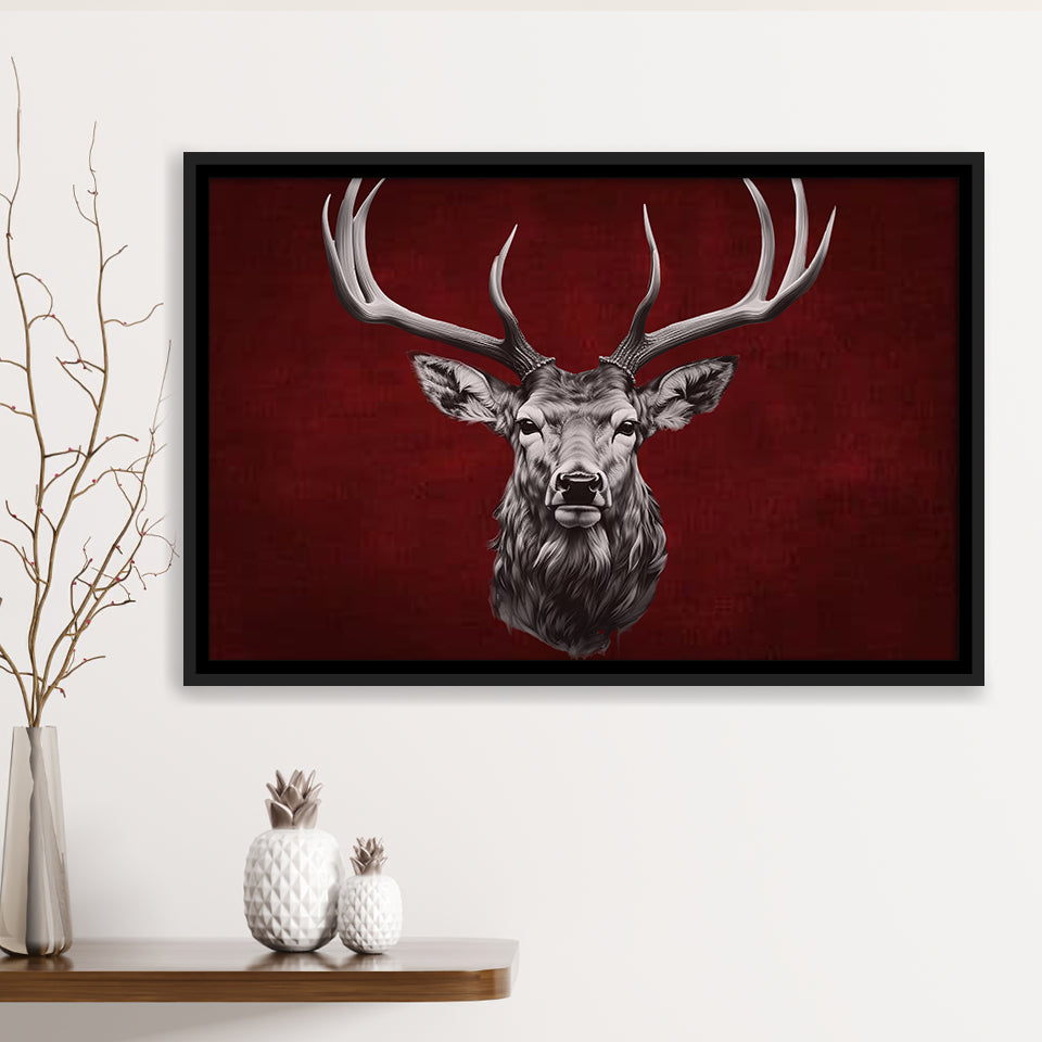 Deer Stag Head Red And Black Framed Canvas Prints Wall Art Home Decor, Painting Canvas, Floating Frame