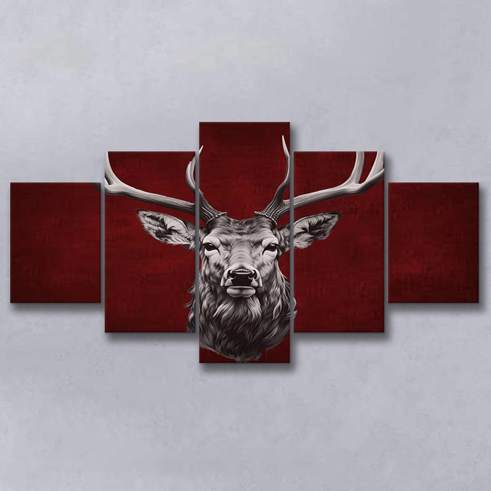 Deer Stag Head Red And Black 5 Panels Canvas Prints Wall Art Home Decor, Large Mixed Canvas