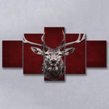 Deer Stag Head Red And Black 5 Panels Canvas Prints Wall Art Home Decor, Large Mixed Canvas