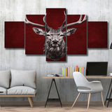 Deer Stag Head Red And Black 5 Panels Canvas Prints Wall Art Home Decor, Large Mixed Canvas