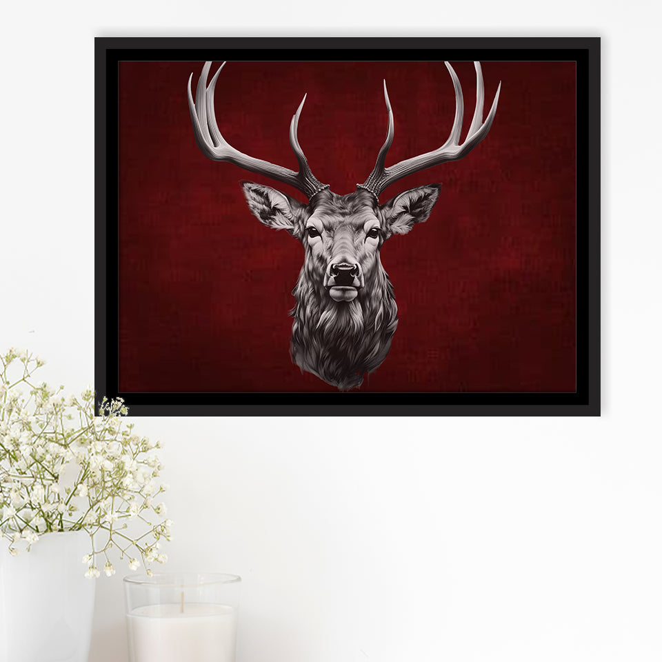 Deer Stag Head Red And Black Framed Canvas Prints Wall Art Home Decor, Painting Canvas, Floating Frame
