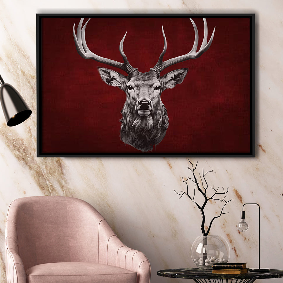 Deer Stag Head Red And Black Framed Canvas Prints Wall Art Home Decor, Painting Canvas, Floating Frame