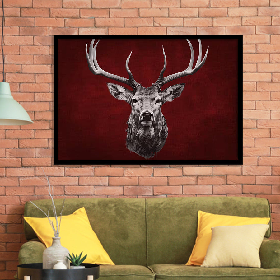 Deer Stag Head Red And Black Framed Art Prints Wall Decor, Painting Art, Framed Picture