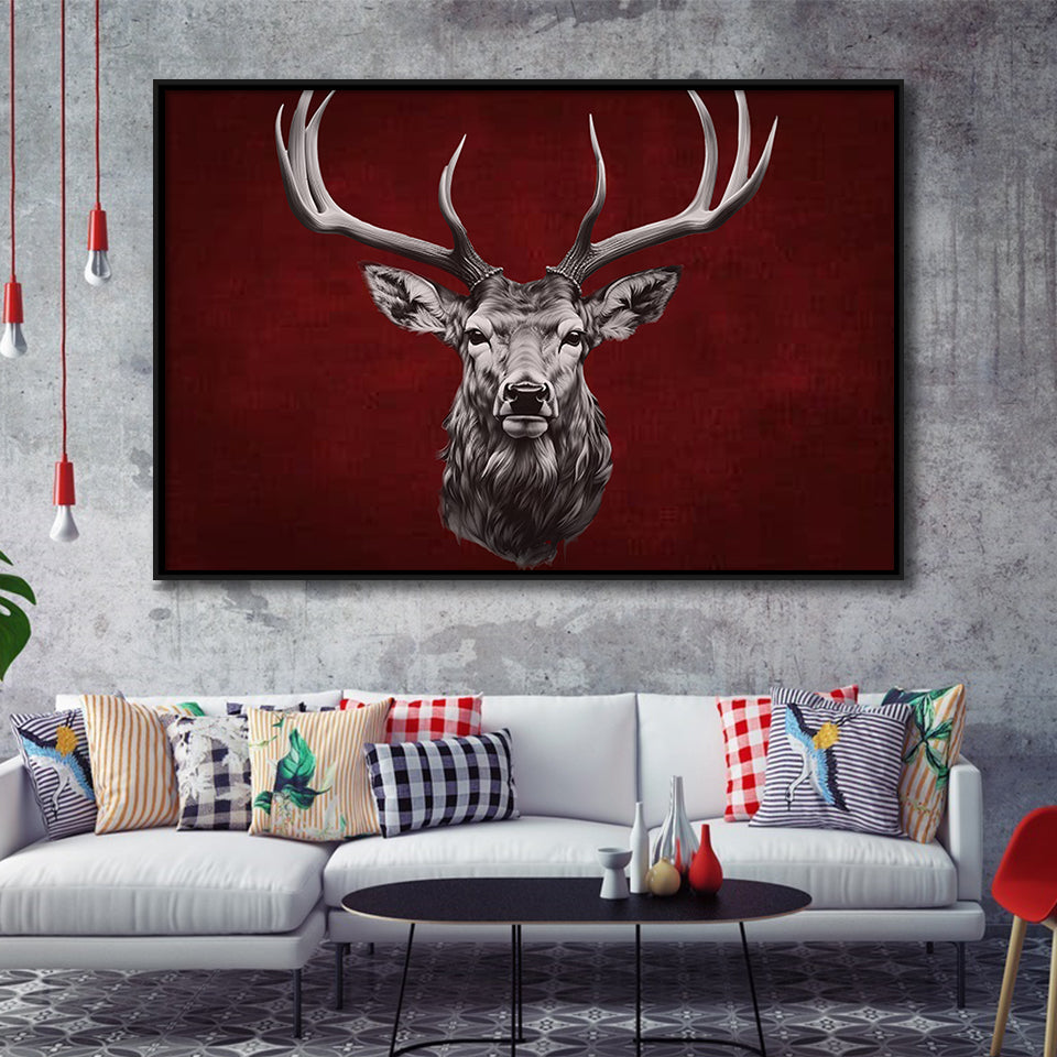 Deer Stag Head Red And Black Framed Canvas Prints Wall Art Home Decor, Painting Canvas, Floating Frame