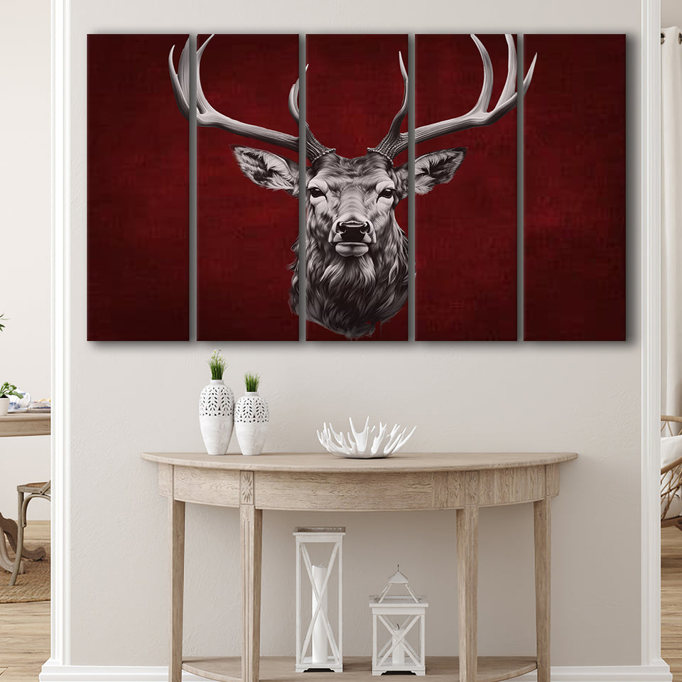 Deer Stag Head Red And Black 5 Panels B Canvas Prints Wall Art Home Decor, Extra Large Canvas