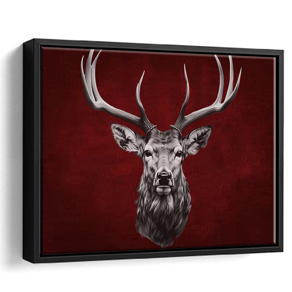 Deer Stag Head Red And Black Framed Canvas Prints Wall Art Home Decor, Painting Canvas, Floating Frame