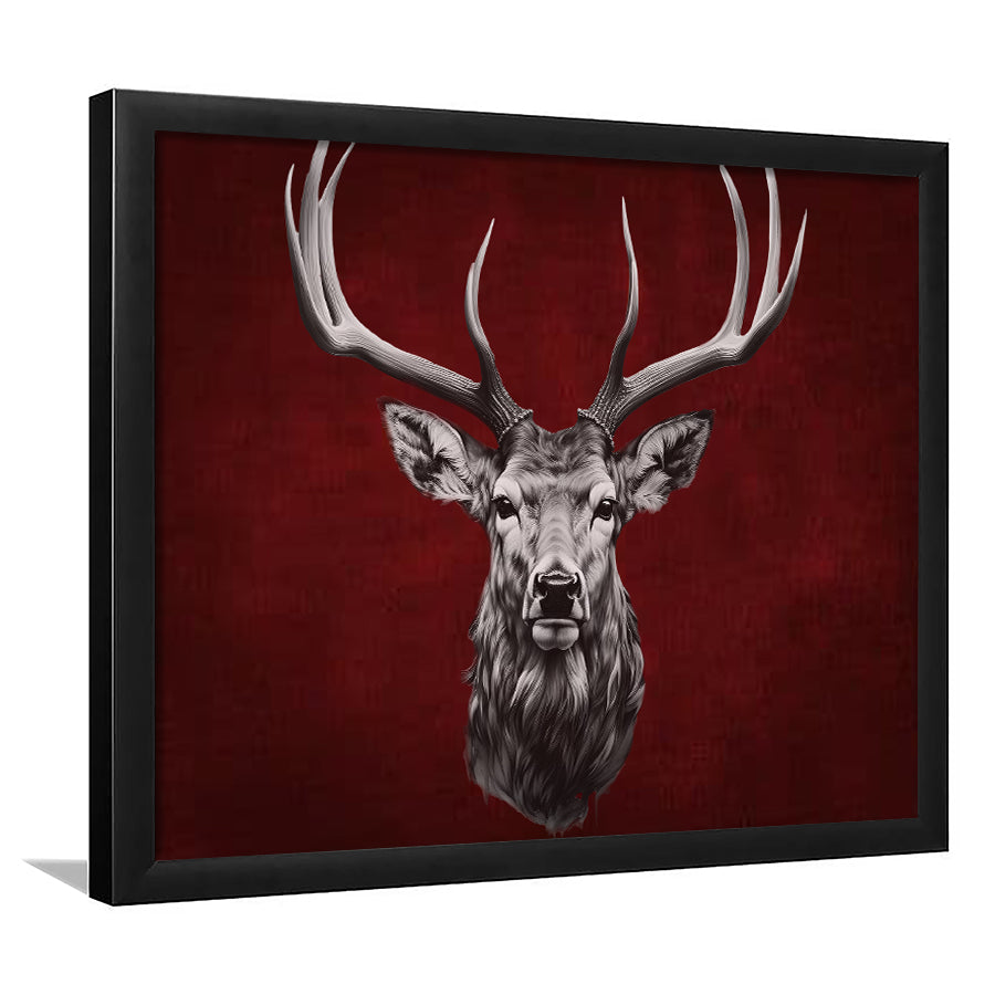 Deer Stag Head Red And Black Framed Art Prints Wall Decor, Painting Art, Framed Picture