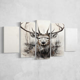 Deer Stag Head Sketch Pencil Draw Grey Background V1 5 Panels Canvas Prints Wall Art Home Decor, Large Mixed Canvas