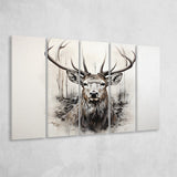Deer Stag Head Sketch Pencil Draw Grey Background V1 5 Panels B Canvas Prints Wall Art Home Decor, Extra Large Canvas