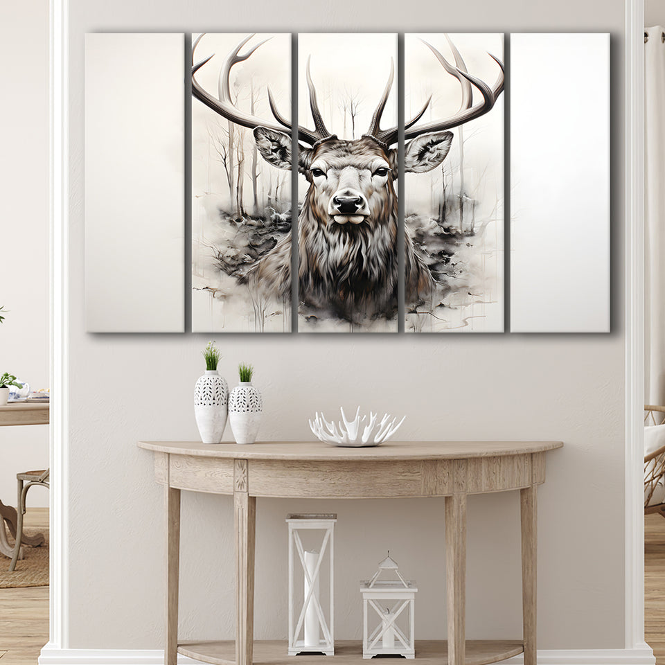 Deer Stag Head Sketch Pencil Draw Grey Background V1 5 Panels B Canvas Prints Wall Art Home Decor, Extra Large Canvas