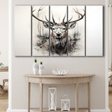 Deer Stag Head Sketch Pencil Draw Grey Background V1 5 Panels B Canvas Prints Wall Art Home Decor, Extra Large Canvas