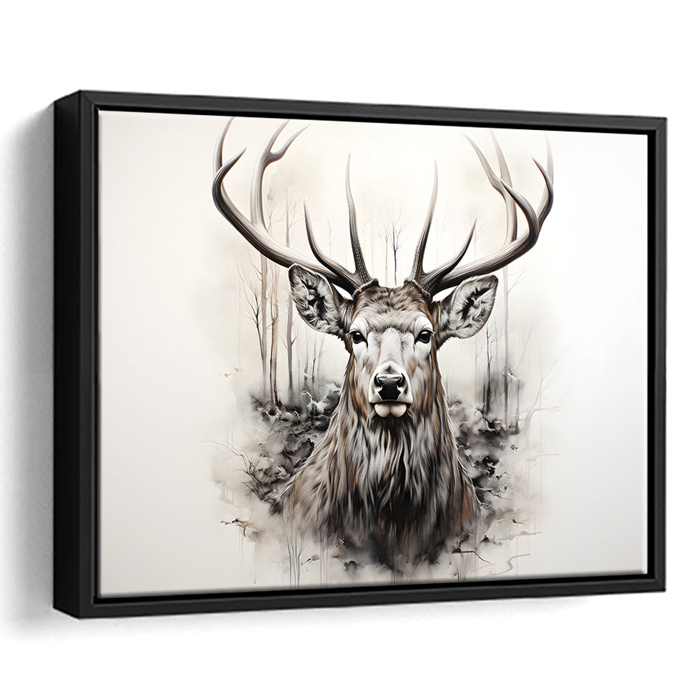 Deer Stag Head Sketch Pencil Draw Grey Background V1 Framed Canvas Prints Wall Art Home Decor, Floating Frame