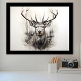 Deer Stag Head Sketch Pencil Draw Grey Background V1 Framed Art Prints Wall Decor, Painting Art, Framed Picture