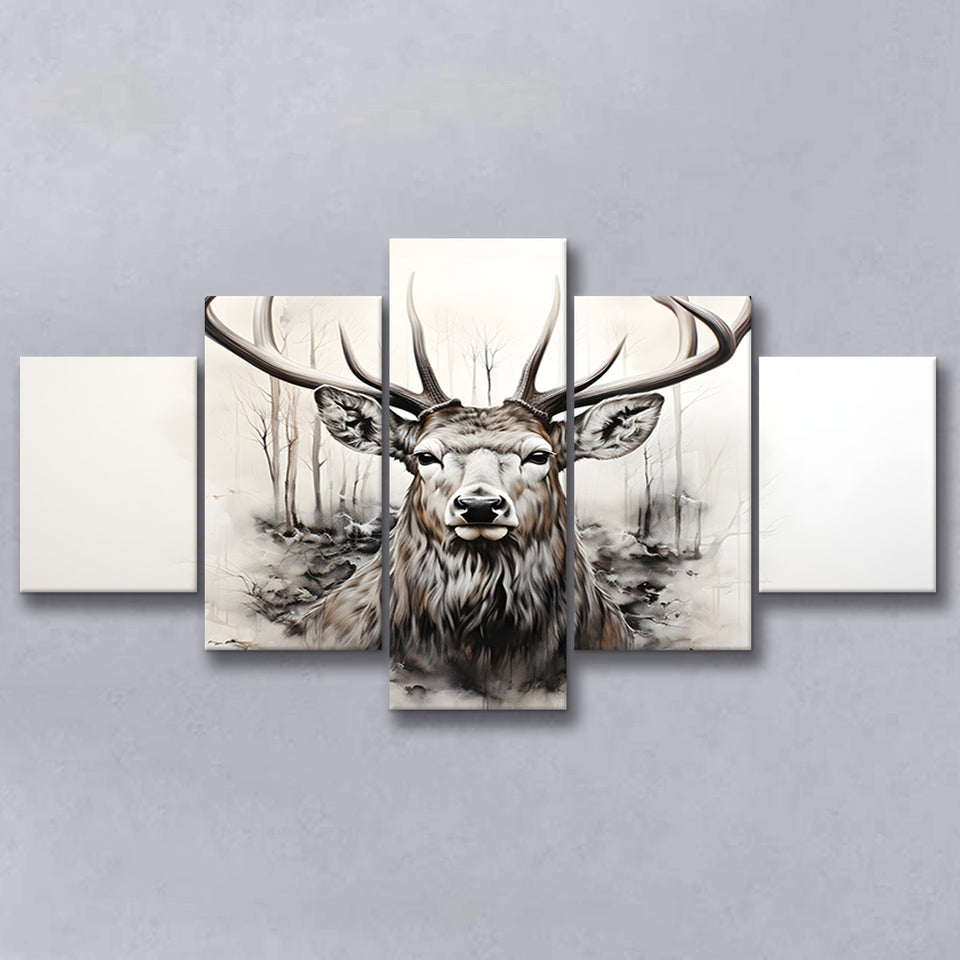 Deer Stag Head Sketch Pencil Draw Grey Background V1 5 Panels Canvas Prints Wall Art Home Decor, Large Mixed Canvas