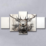 Deer Stag Head Sketch Pencil Draw Grey Background V1 5 Panels Canvas Prints Wall Art Home Decor, Large Mixed Canvas